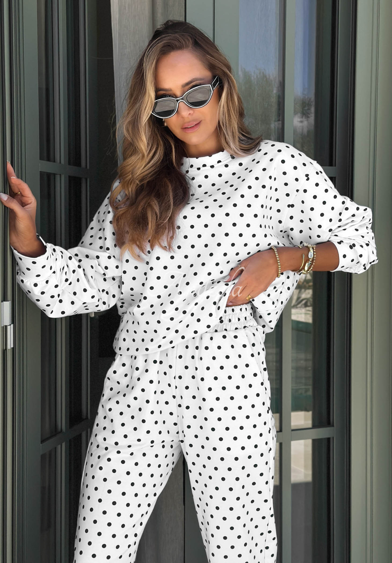 Bavlnená bodkovaná tepláková súprava mikina a nohavice Dolce Dots Biela