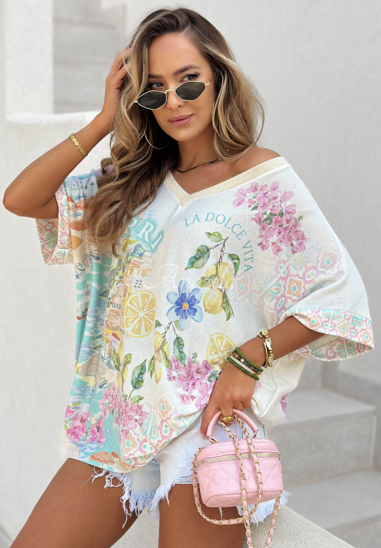 Visozová blúzka oversize so vzormi Dolce Capri ecru