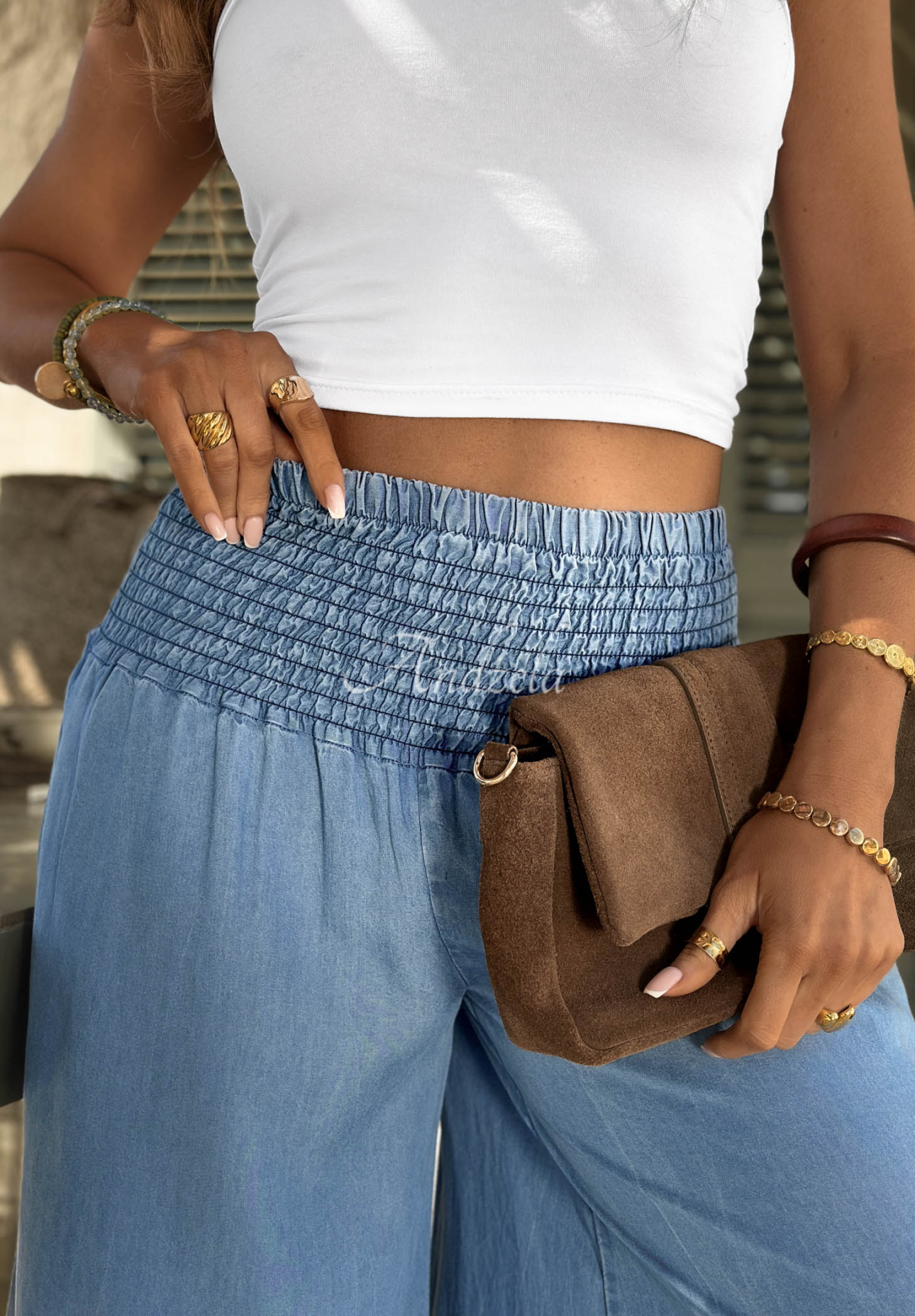 Látkové nohavice s gumou v páse z lyocellu Italian Sky modré