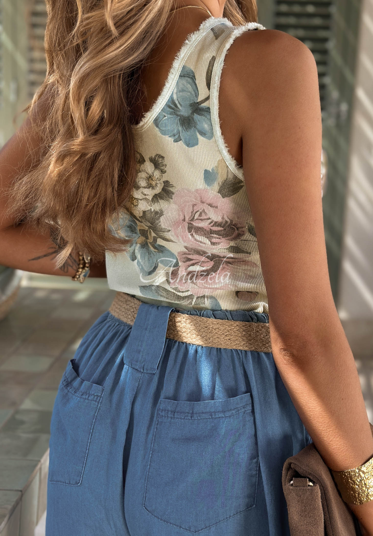 Kvetinový top na ramienka z bavlny Fresh Blossom béžový