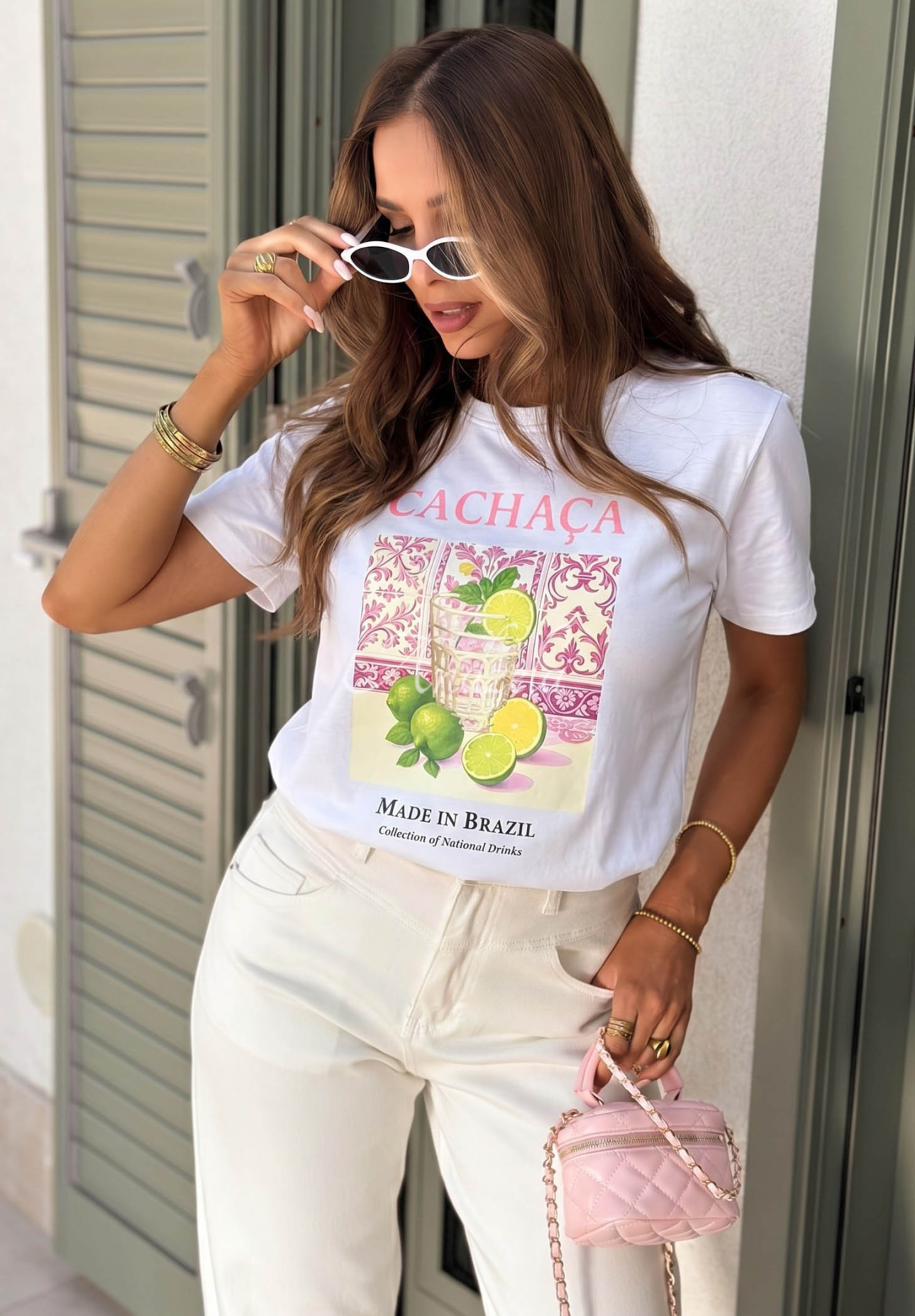 Bavlnené tričko s potlačou Cachaca Lemon bielo-ružový