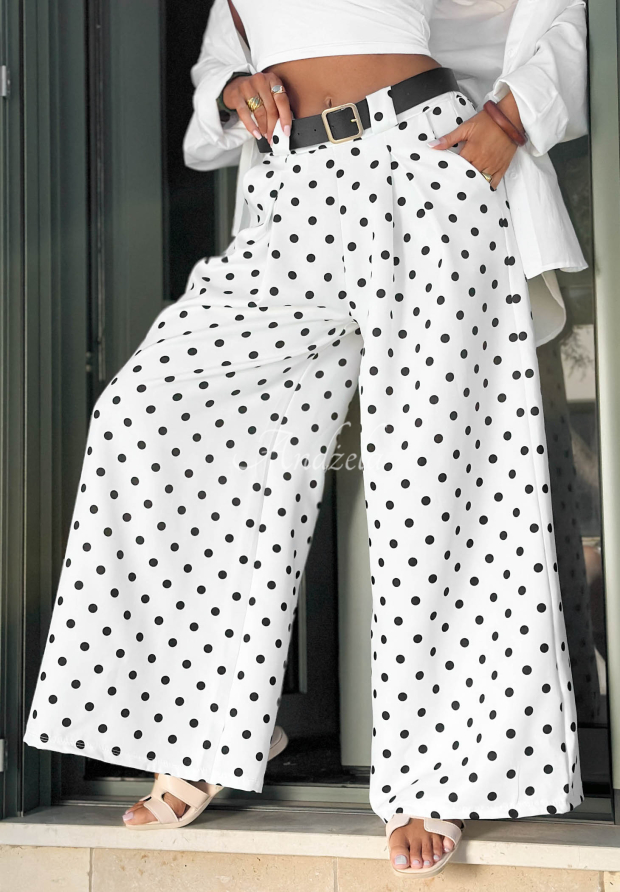 L&aacute;tkov&eacute; bodkovan&eacute; nohavice wide leg Amore Dots biele