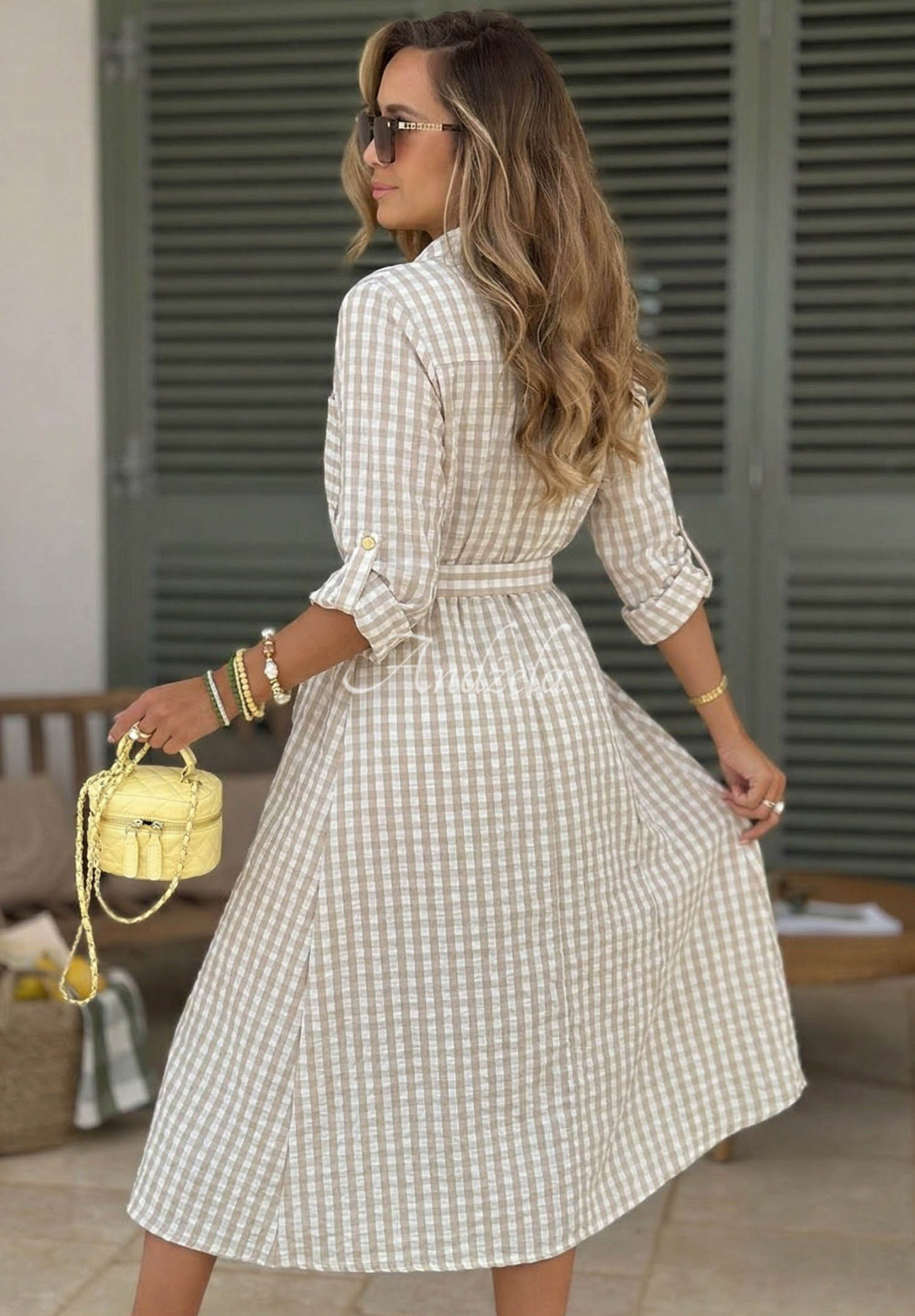 Košeľové maxi šaty v károvanom vzore Spring Velvet Air béžová