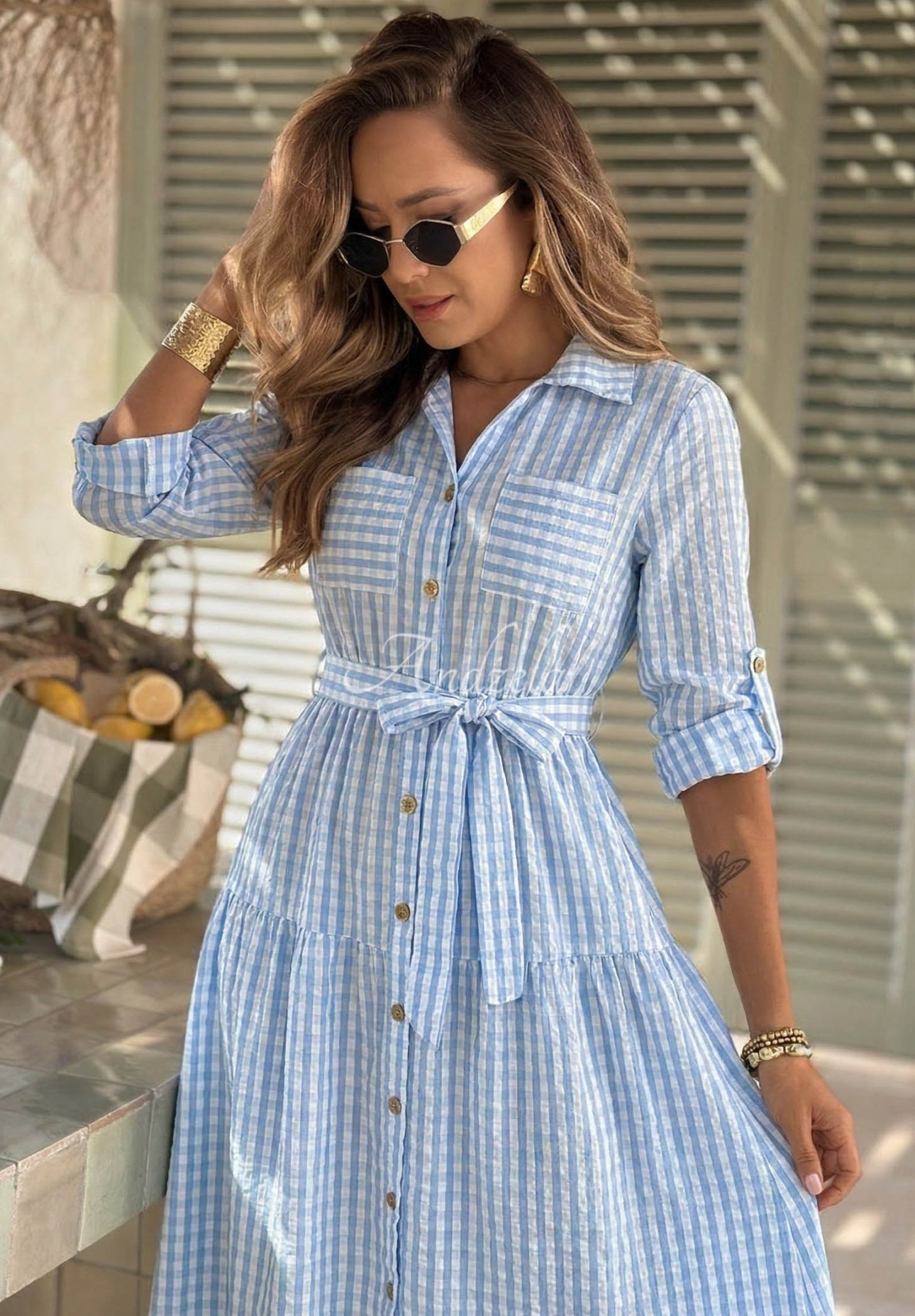 Košeľové maxi šaty v károvanom vzore Spring Velvet Air blankytná