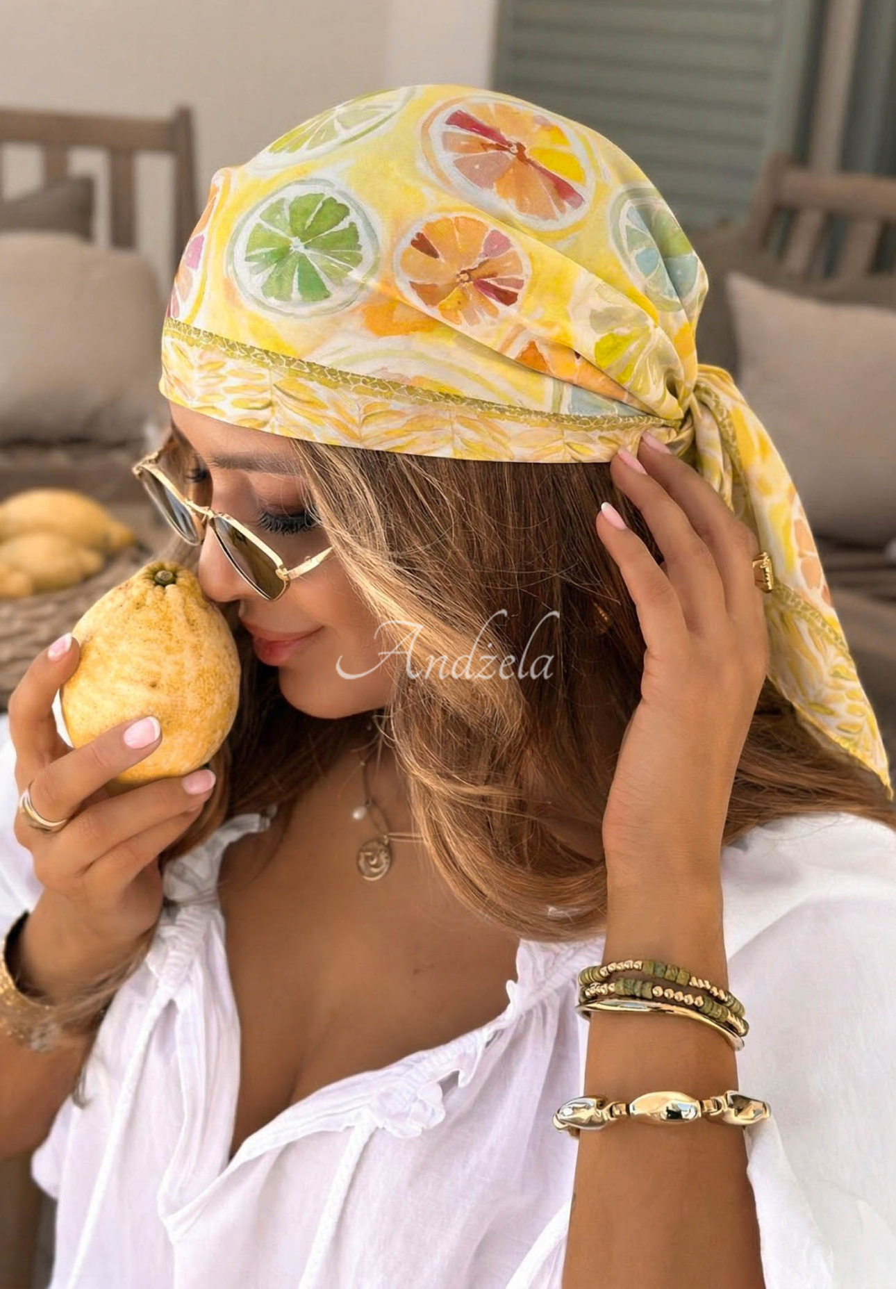 Viskózová vzorovaná šatka s citrónmi Lemon Vibe žltá