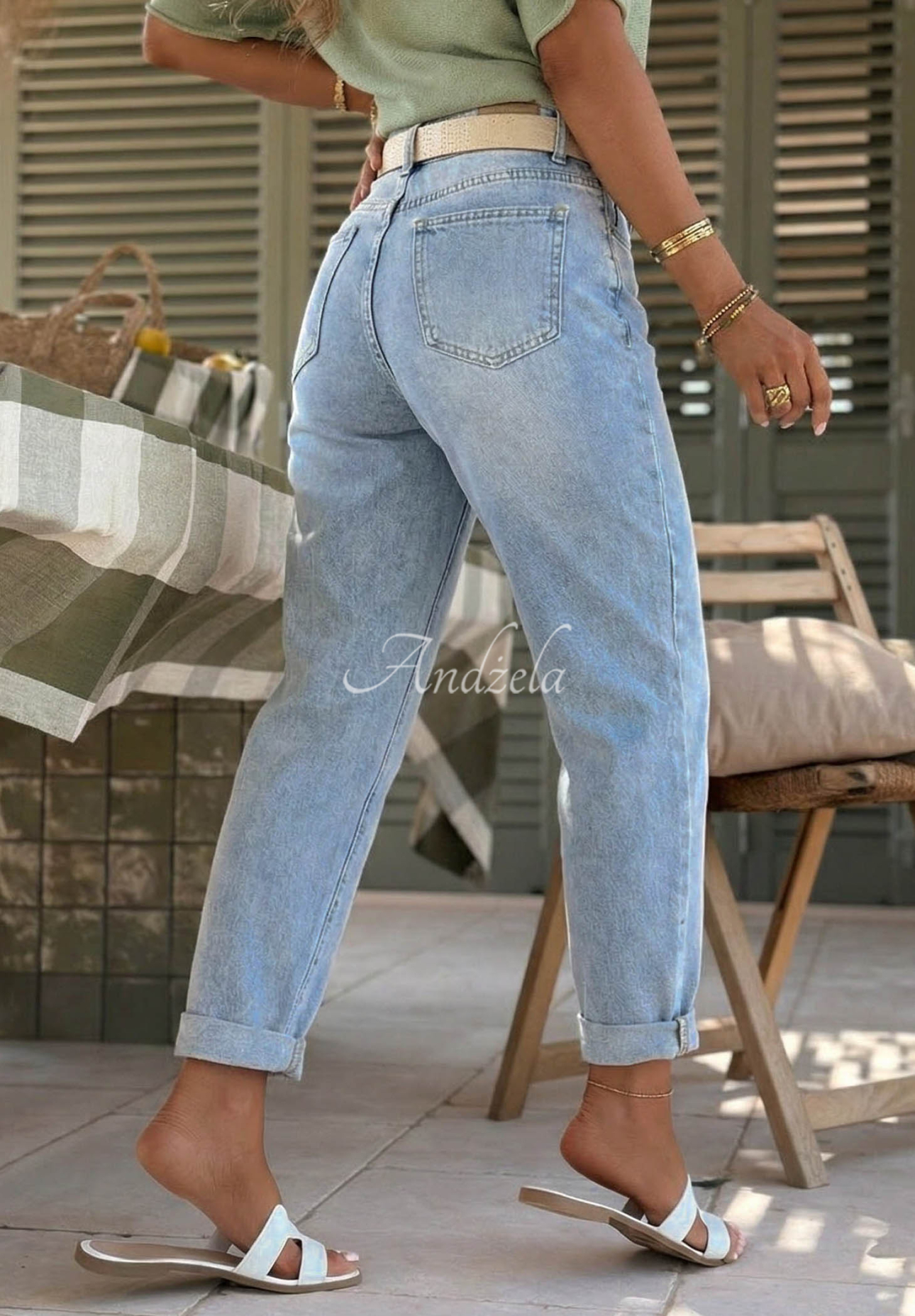 Džínsy mom fit s opaskom Look Around modré