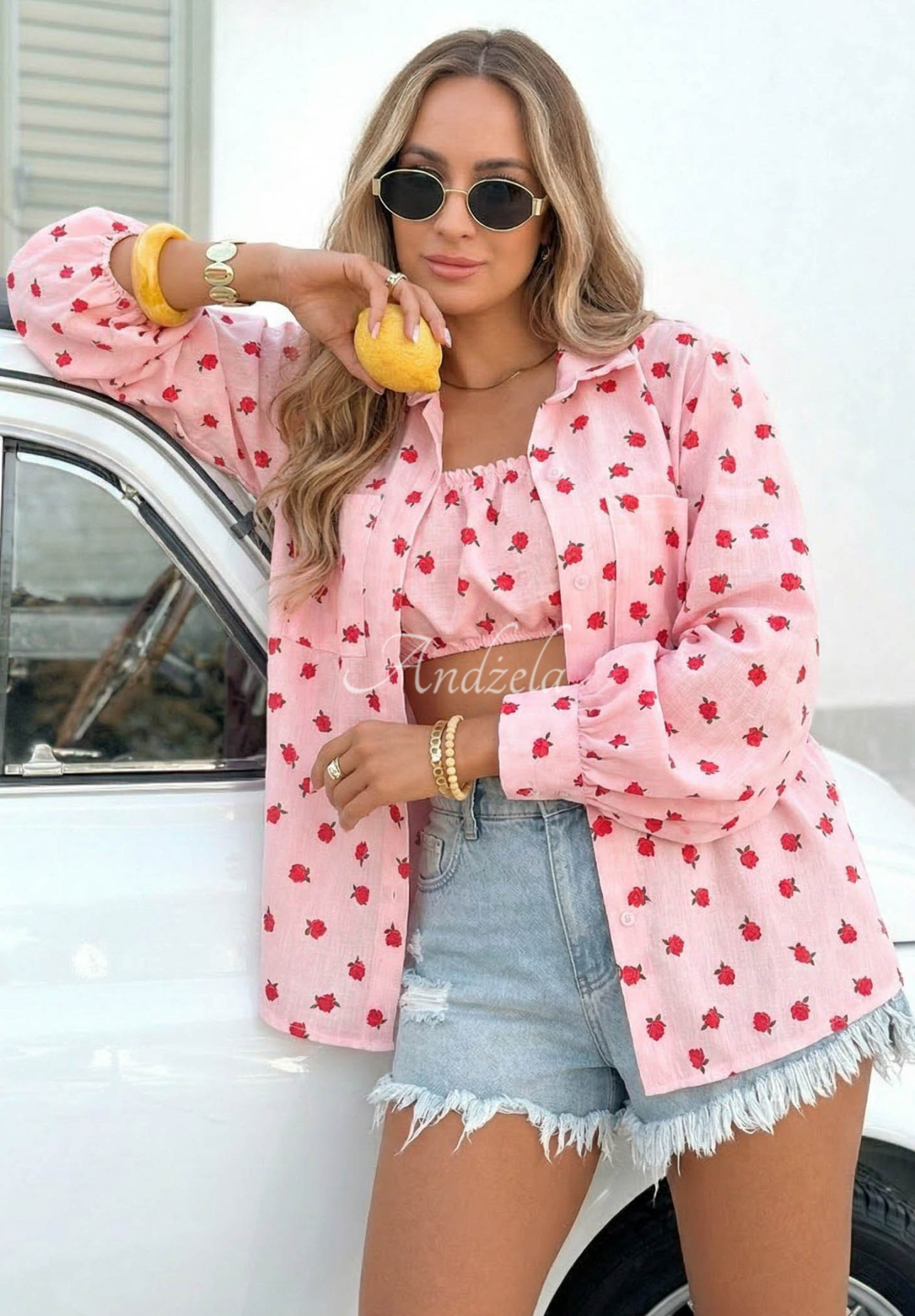 Bavlnená súprava košeľa a top s ružami Velvet Rose púdrovo ružová