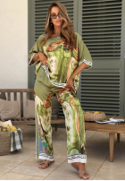 Satynowy Súprava Blúzka i Nohavice wide leg so vzormi Solene pistaciový