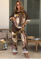 Satynowy Súprava Blúzka i Nohavice wide leg so vzormi Solene pistaciový