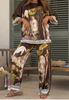 Satynowy Súprava Blúzka i Nohavice wide leg so vzormi Solene pistaciový