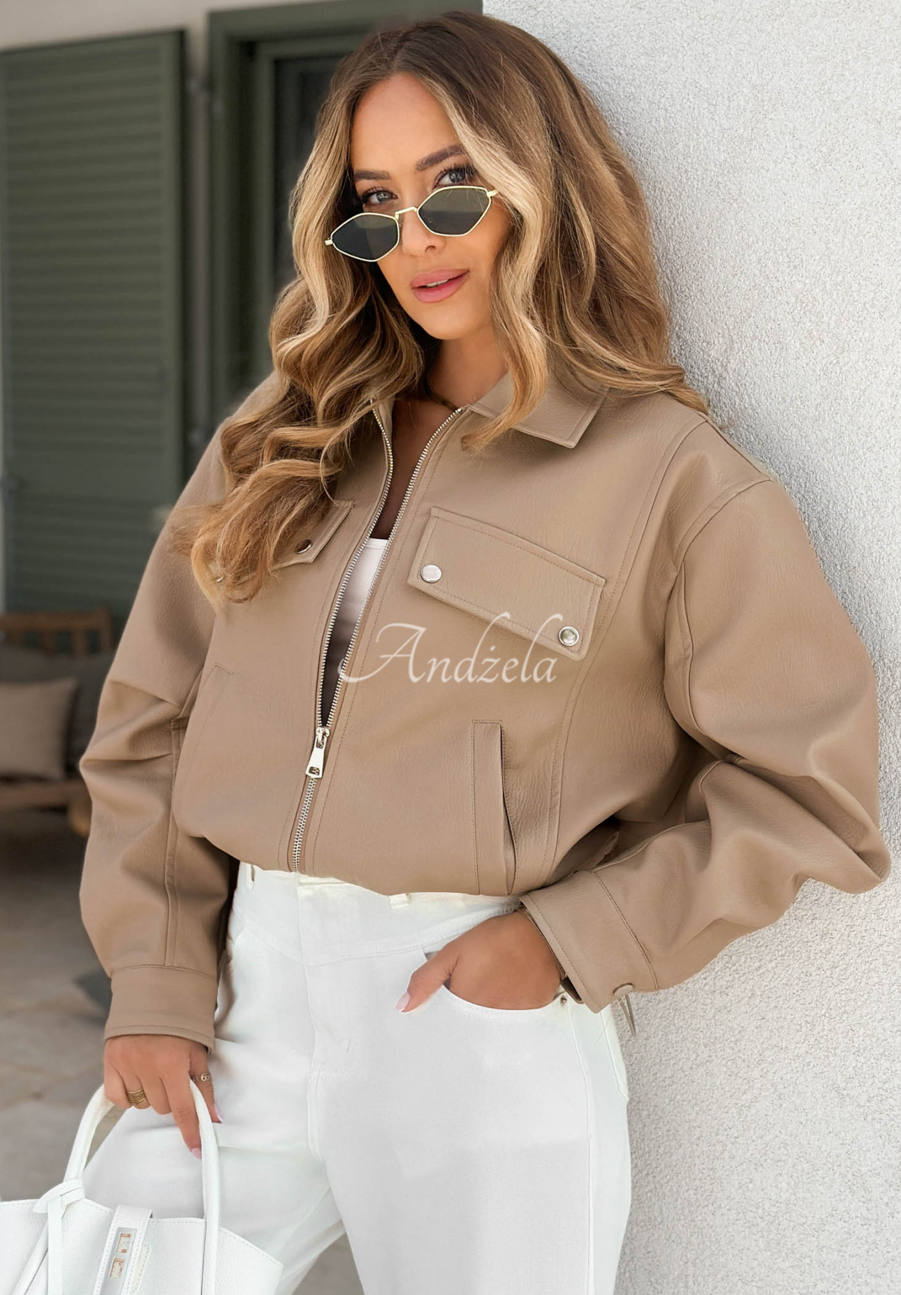 Kožená bunda s golierom Less Is More Mokka