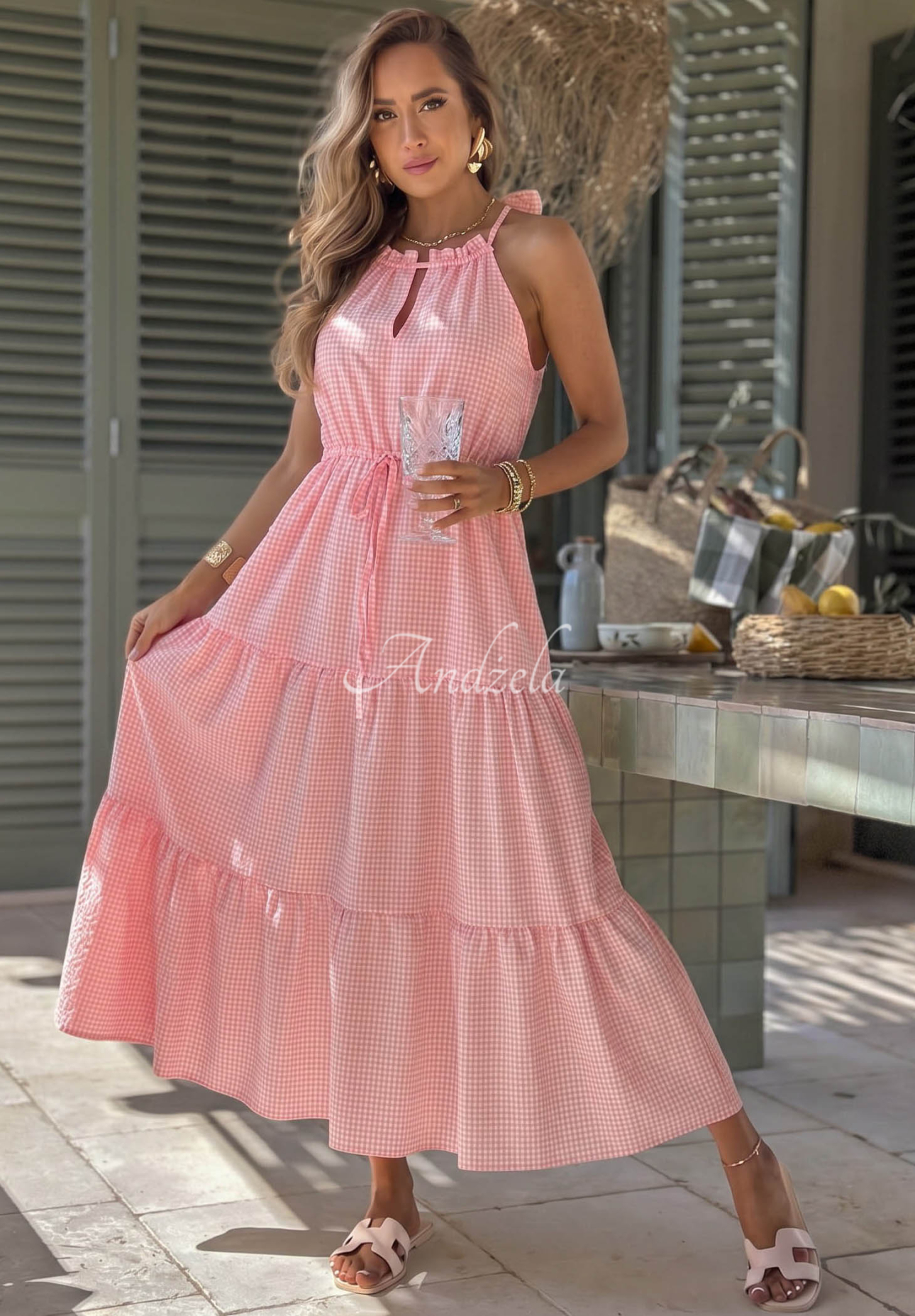 Vzdušné, kárované šaty na ramienka s viskózou Summer Sorbet ružová