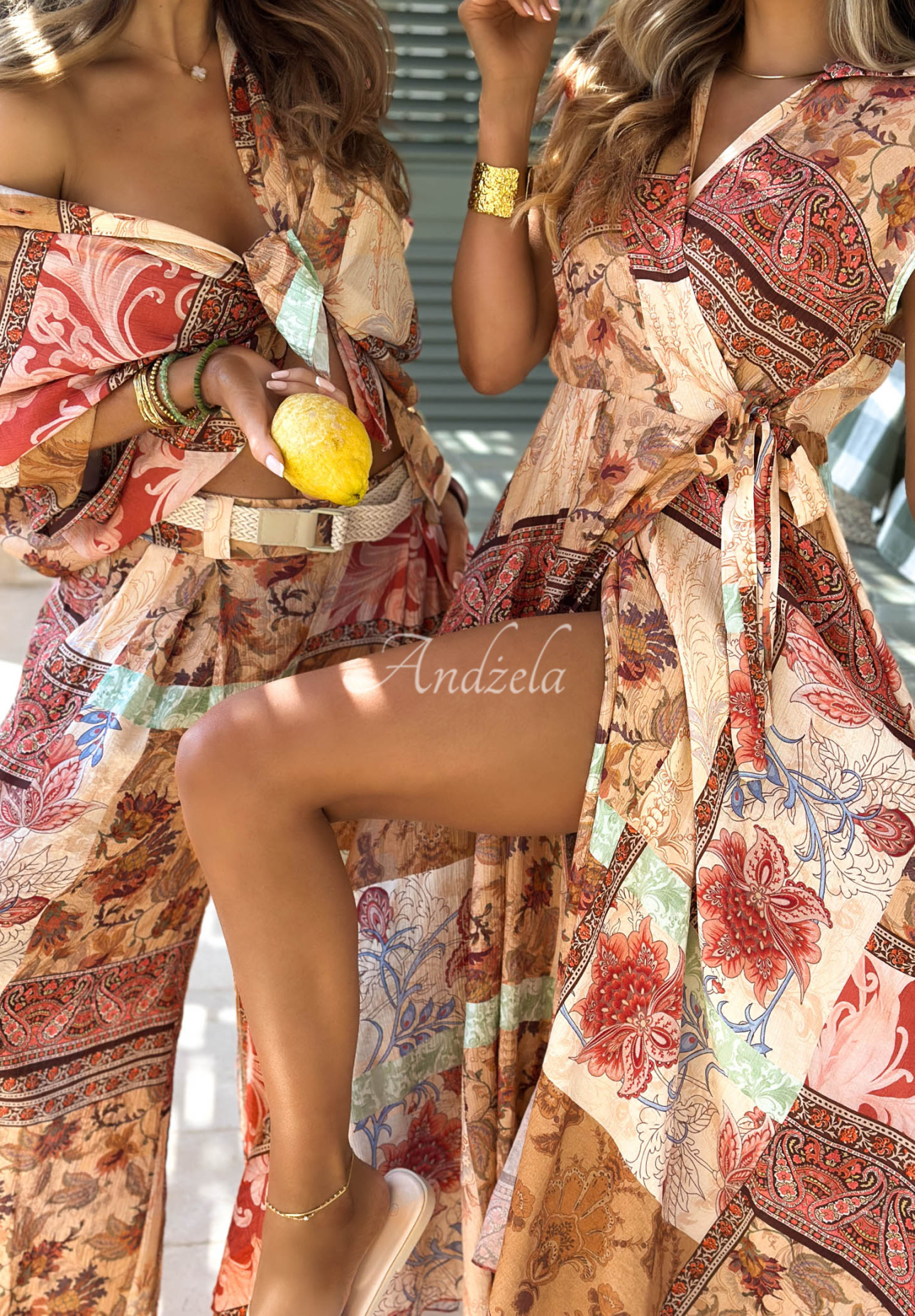 Viskózové nohavice wide leg so vzormi Riviera Sunset béžovo-oranžové