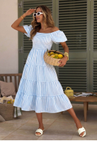 Šaty midi z bufkami w kratkę Papaya ružová