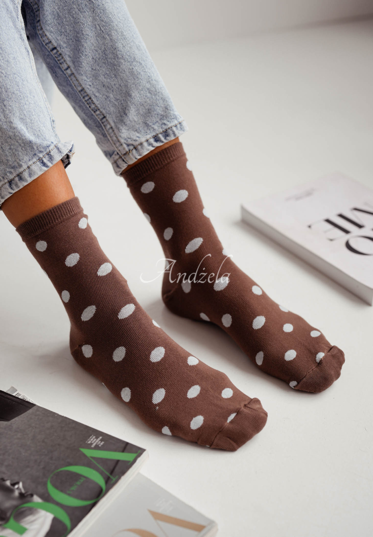 Dlhé ponožky s bodkami Little Dots čokoládové