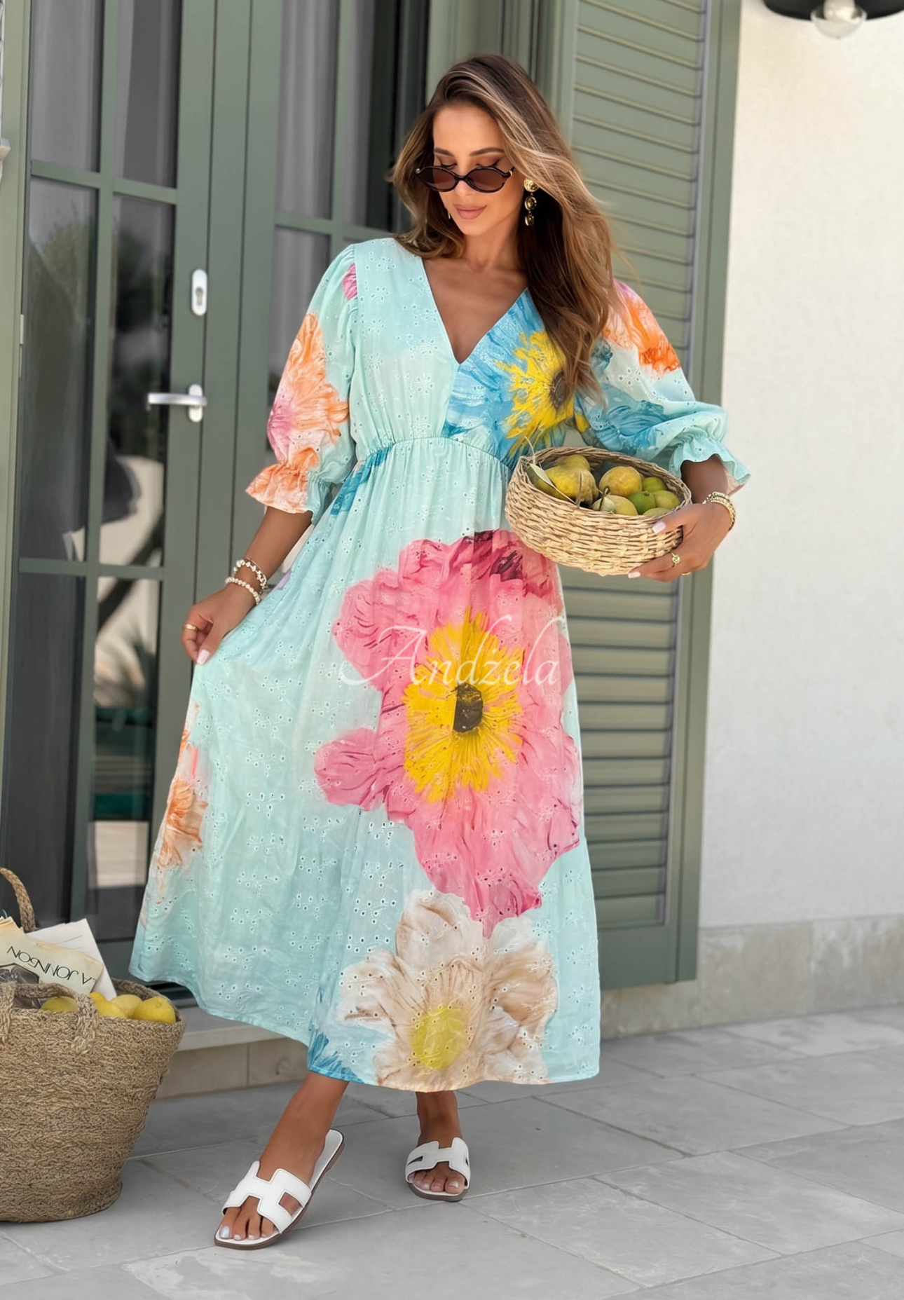 Ažúrové bavlnené maxi šaty s kvetinovým vzorom Pretty Peony blankytná