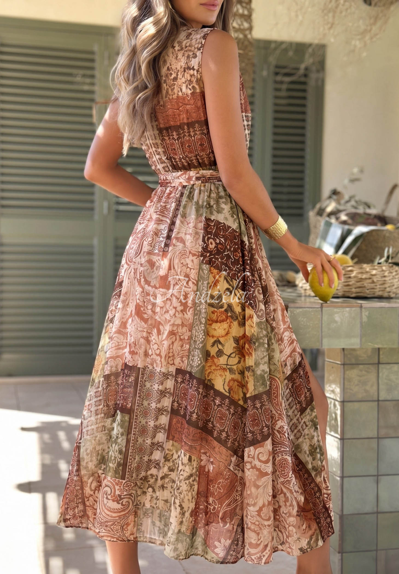 Vzorované midi šaty z tencelu s opaskom Dolce Sunset čokoládová