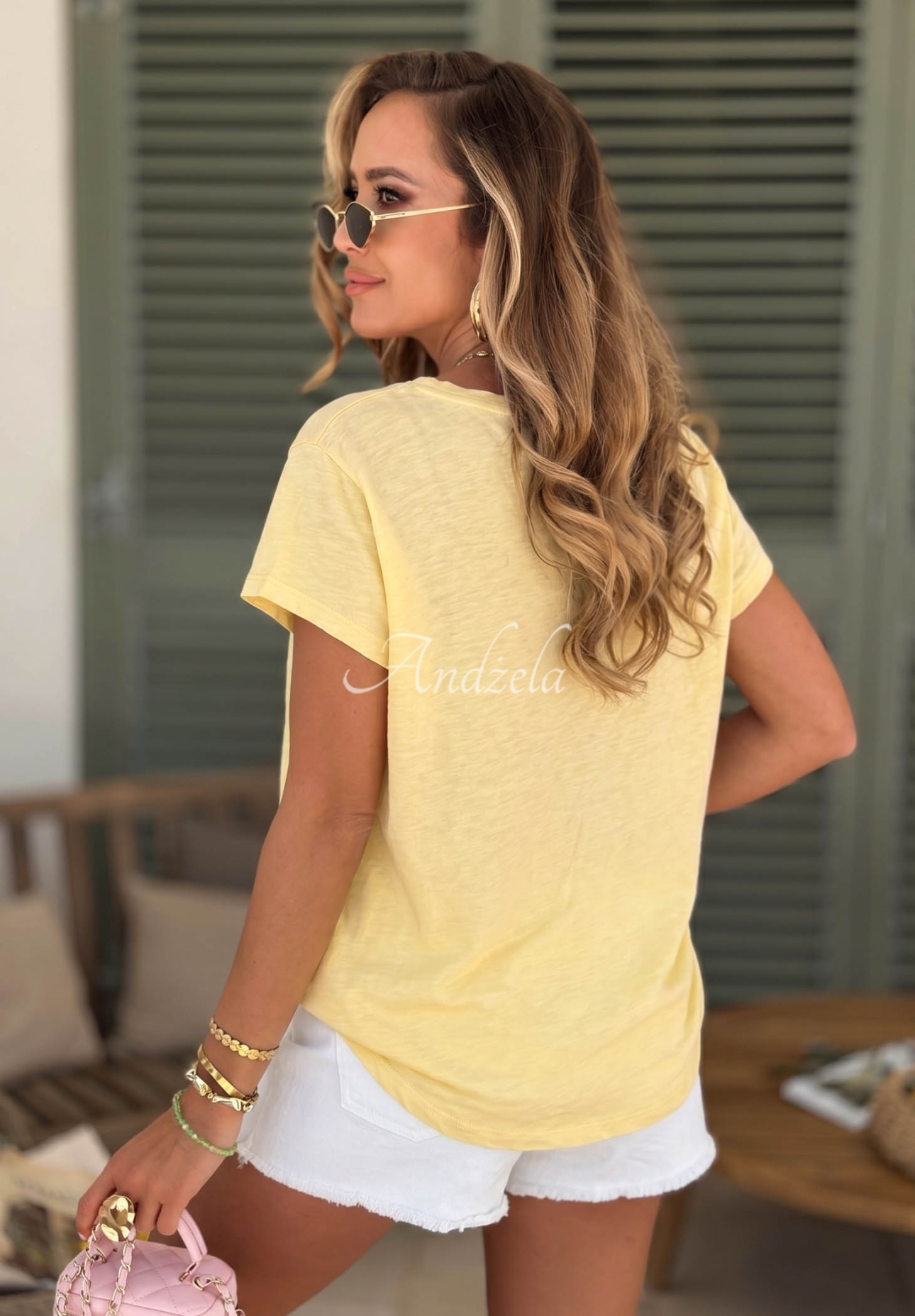 Ažúrové bavlnené tričko s výstrihom Sol Riviera žltá