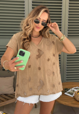 Ažúrové bavlnené tričko s výstrihom Sol Riviera Mokka