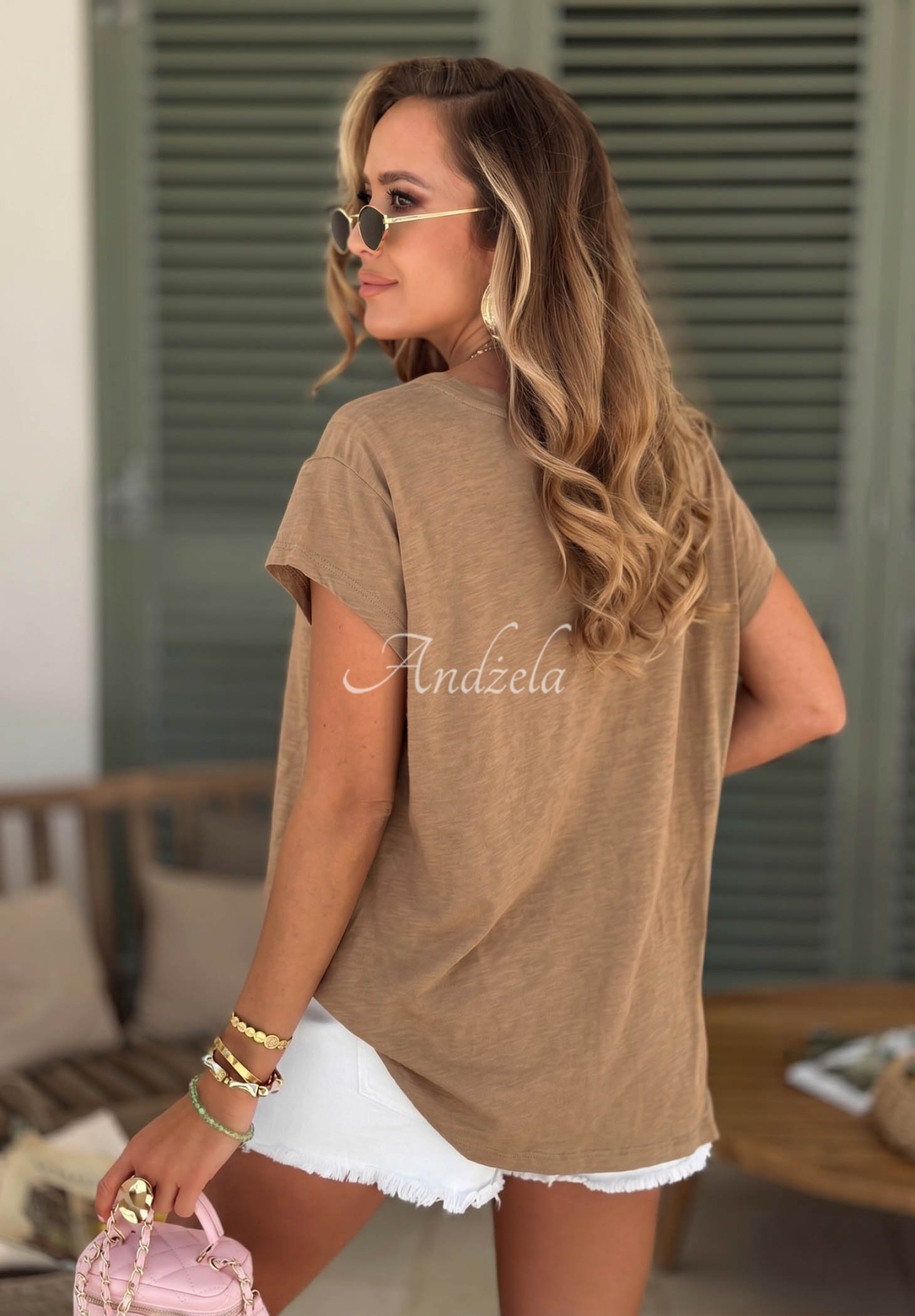 Ažúrové bavlnené tričko s výstrihom Sol Riviera Mokka