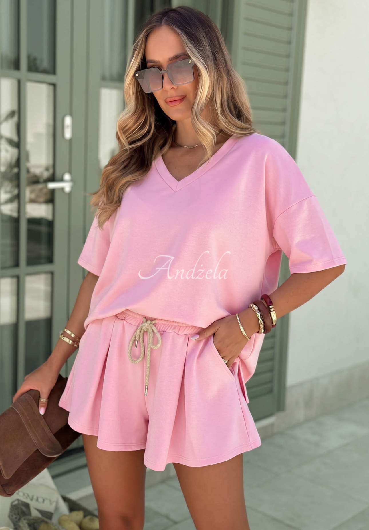 Viskźová tepláková súprava tričko a krátke šortky Willy púdrovo ružová