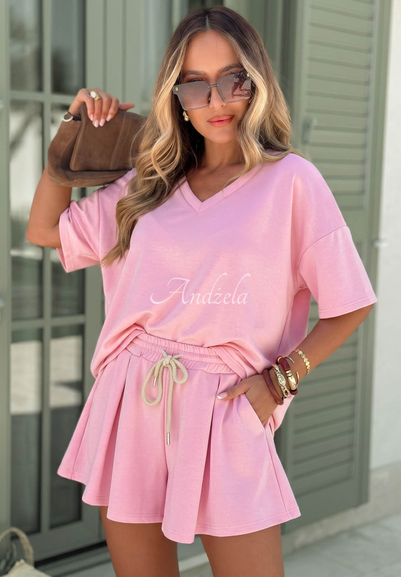 Viskźová tepláková súprava tričko a krátke šortky Willy púdrovo ružová