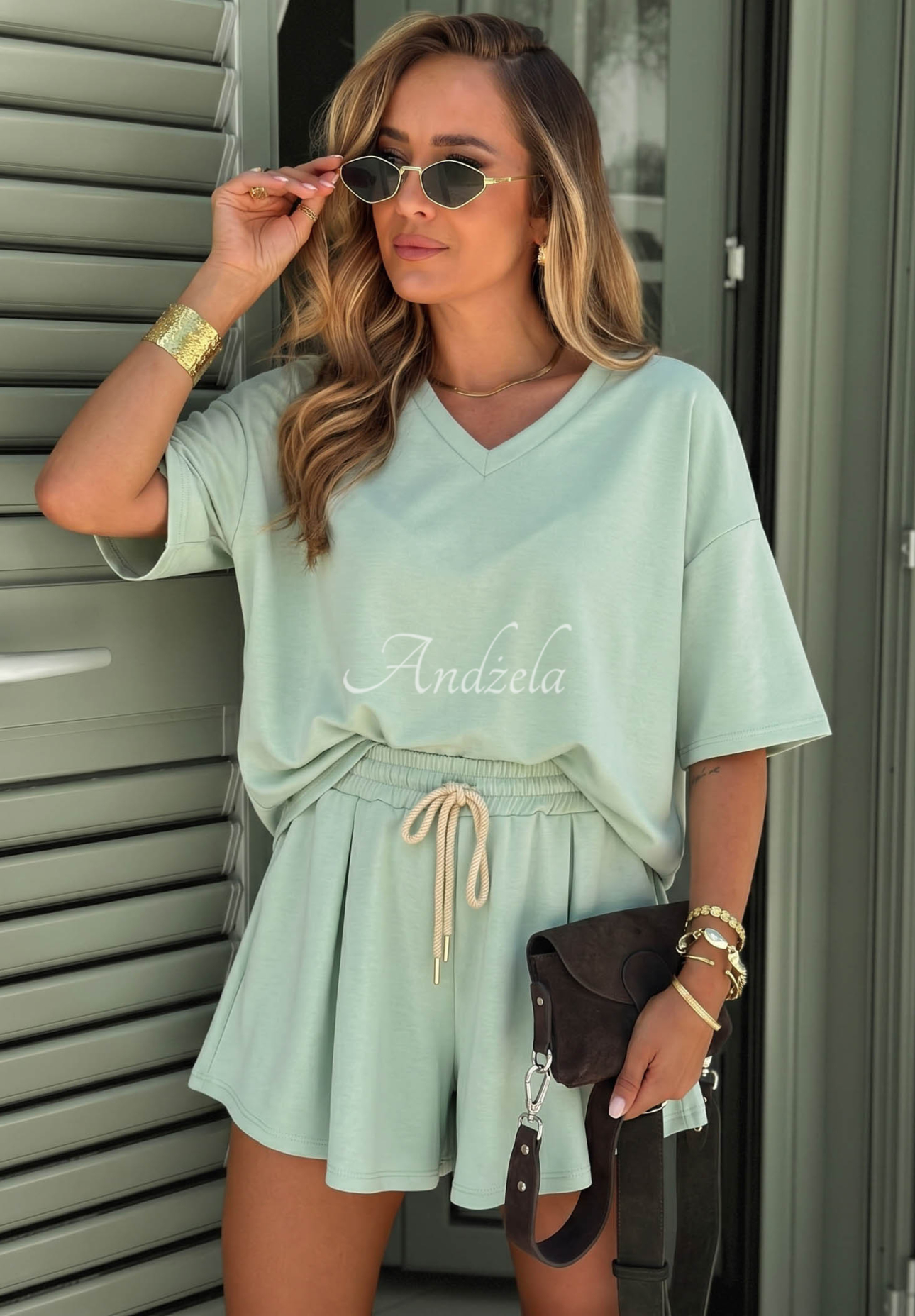 Viskźová tepláková súprava tričko a krátke šortky Willy pistaciový