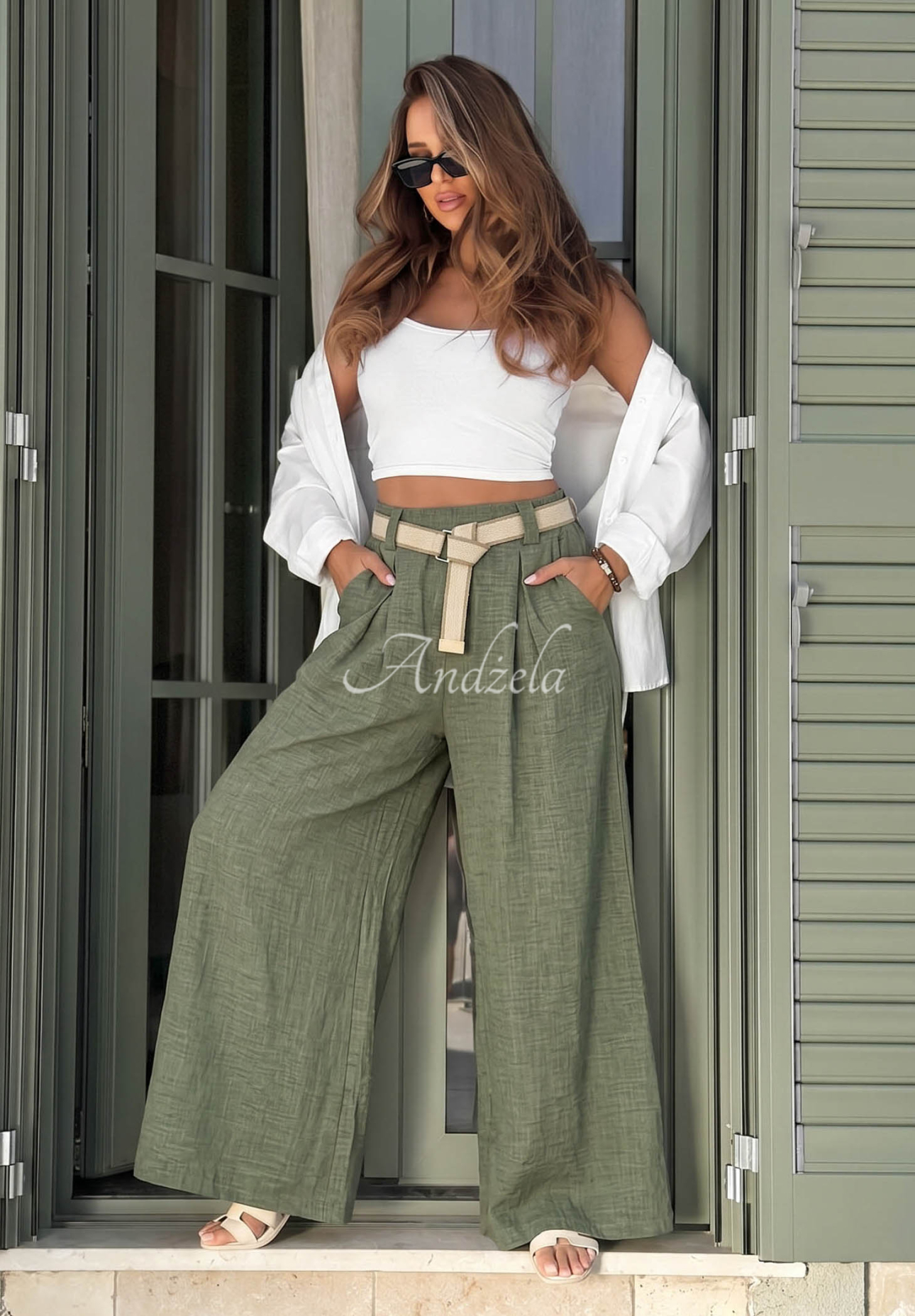 Látkové nohavice wide leg s opaskom Summer Aura khaki