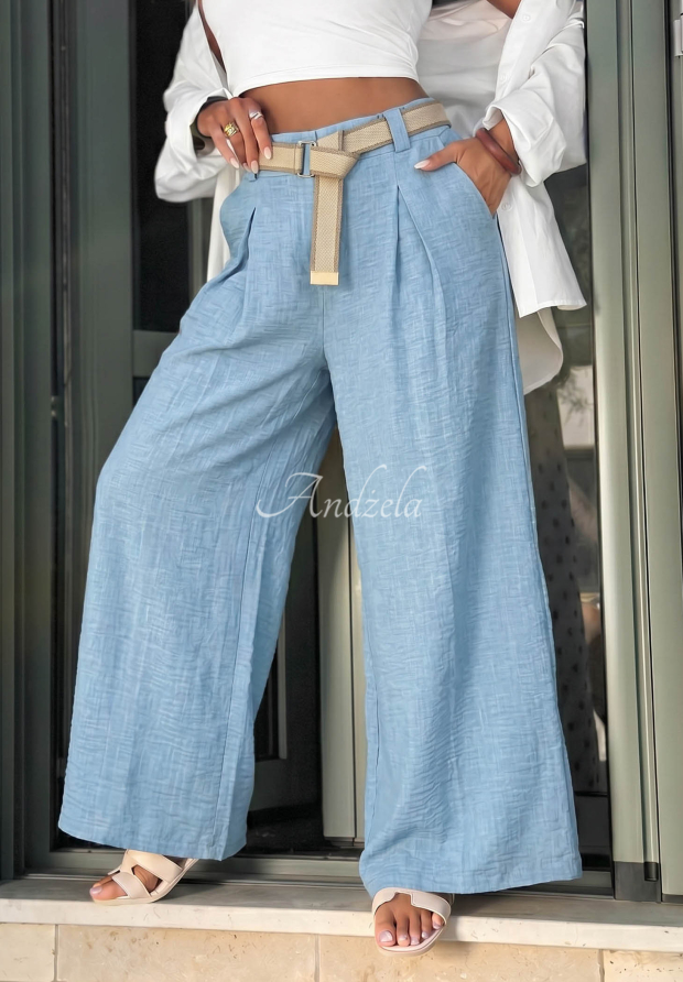 L&aacute;tkov&eacute; nohavice wide leg s opaskom Summer Aura blankytn&eacute;