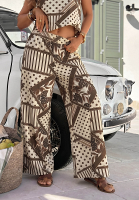 Vzorovan&eacute; nohavice wide leg s bodkami z bavlny Coffee Break bielo-čokol&aacute;dov&eacute;