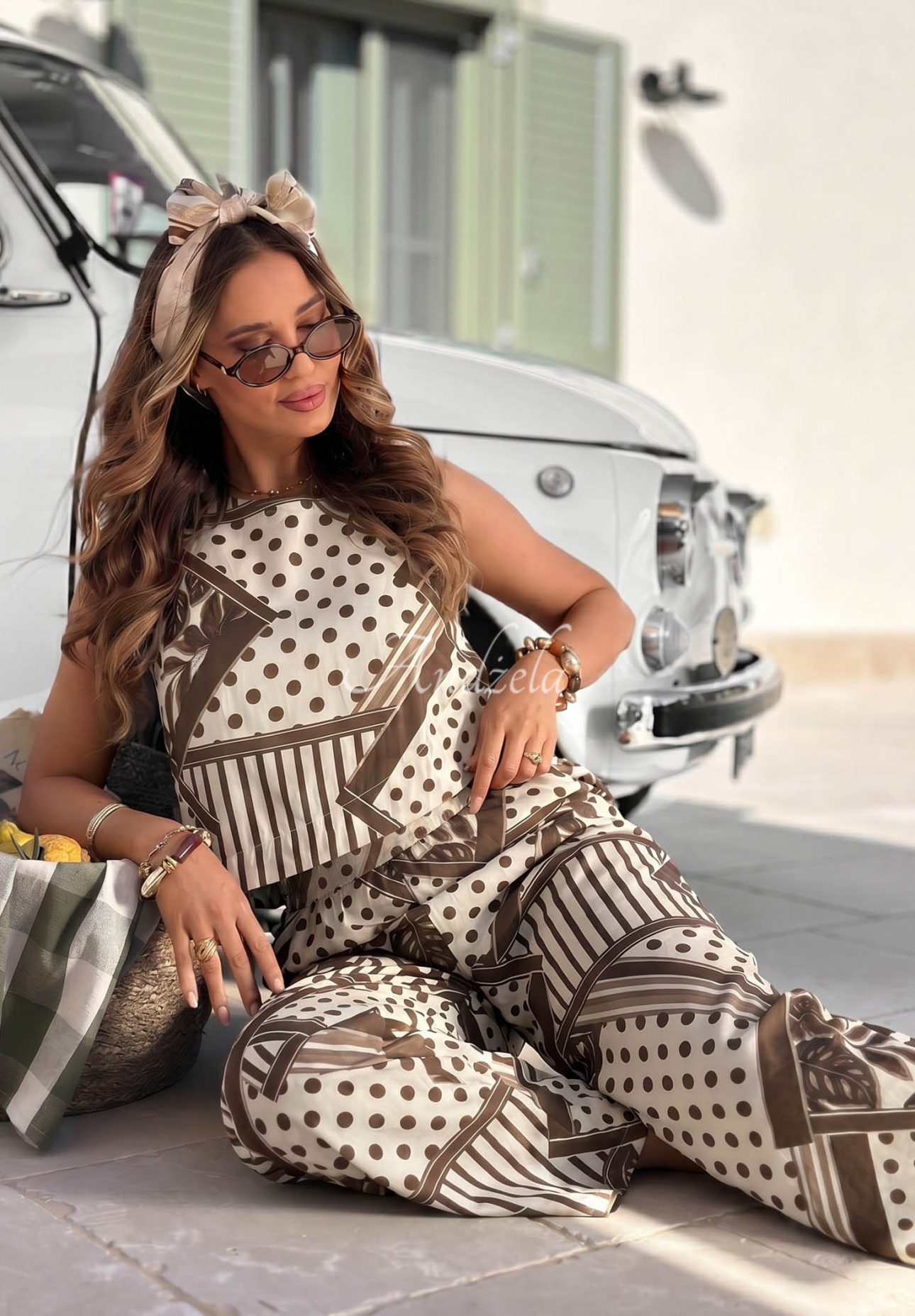 Vzorovaný top s bodkami z bavlny Coffee Break bielo-čokoládový