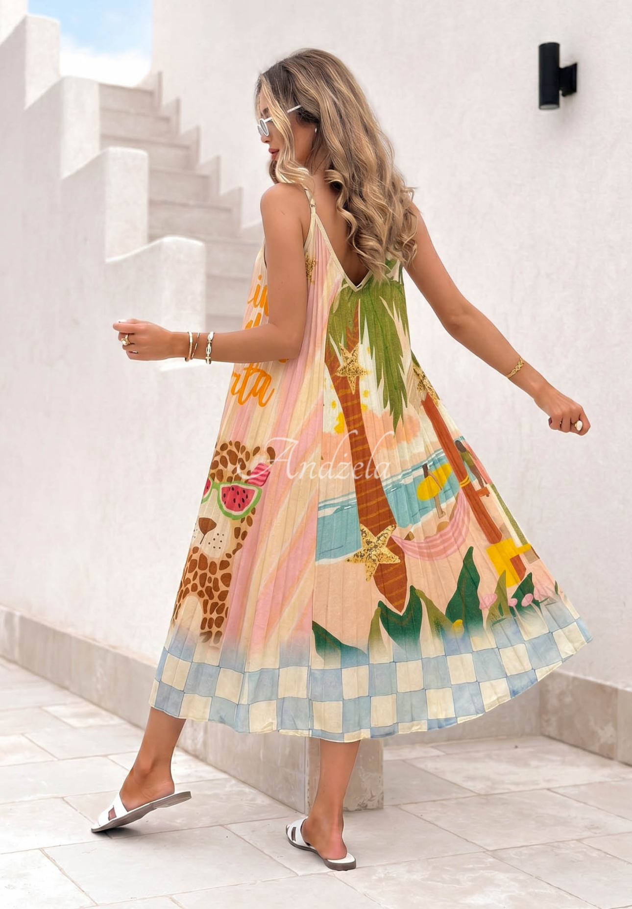 Plisované, viskózové midi šaty so vzormi Italian Palms modro-ružové