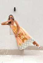 Plisowana wiskozowa Šaty midi so vzormi Italian Palms błękitno-ružová