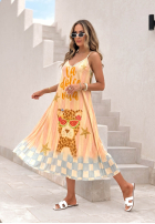 Plisowana wiskozowa Šaty midi so vzormi Italian Palms błękitno-ružová