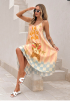 Plisowana wiskozowa Šaty midi so vzormi Italian Palms błękitno-ružová