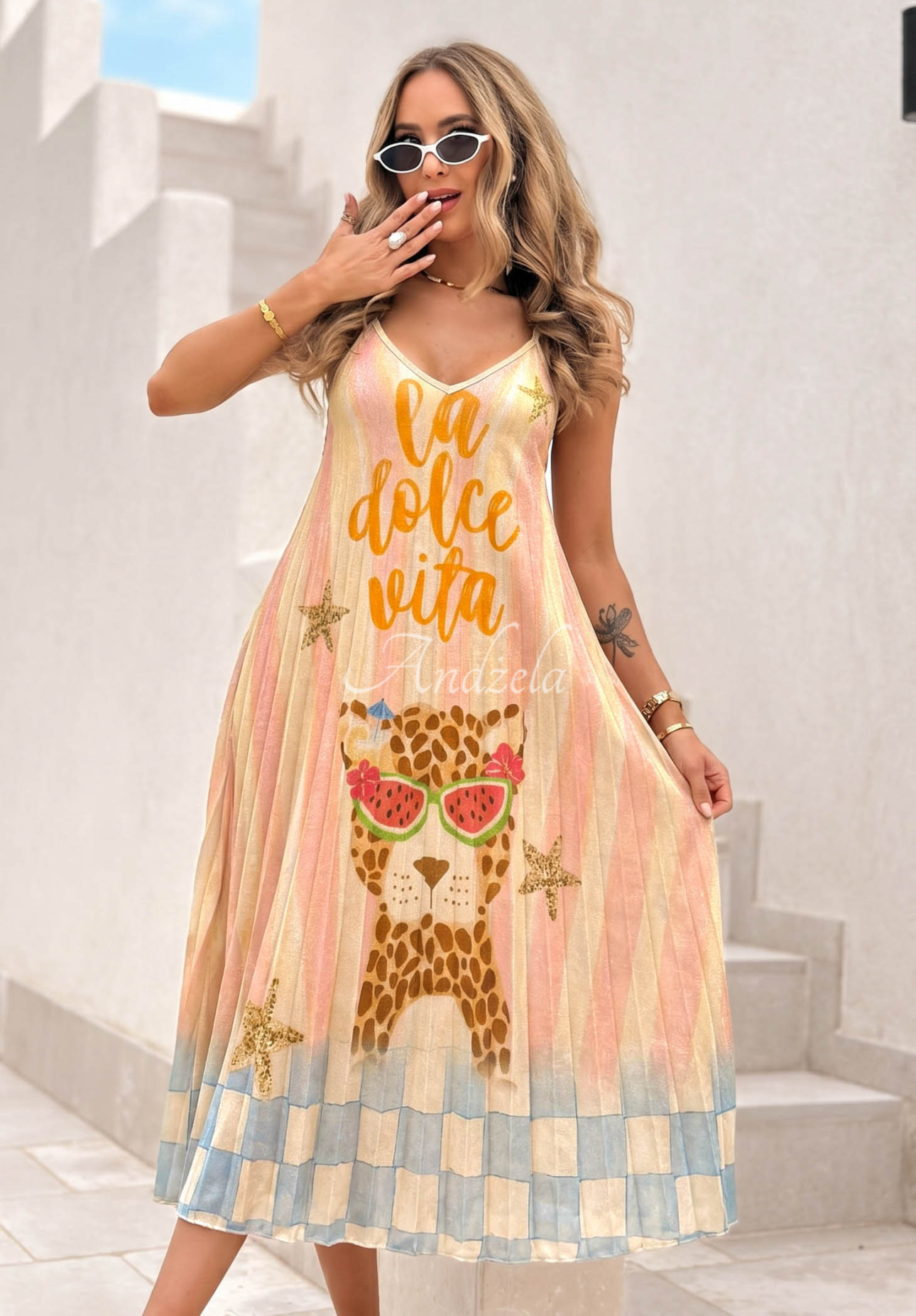 Plisované, viskózové midi šaty so vzormi Italian Palms modro-ružové