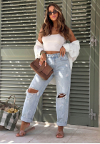 Nohavice džínosové mom fit z przetarciami Just Basic svetlomodré