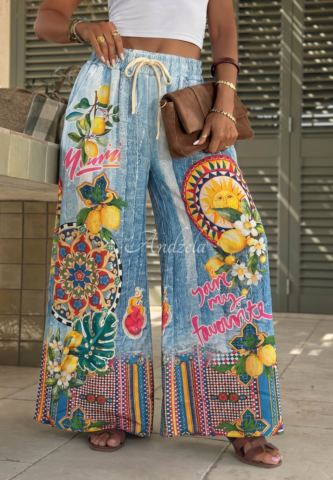 Látkové nohavice wide leg so vzormi Youre My Favourite modré