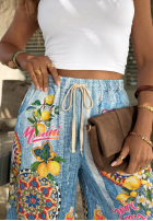 látkové Nohavice wide leg so vzormi You're My Favourite modré