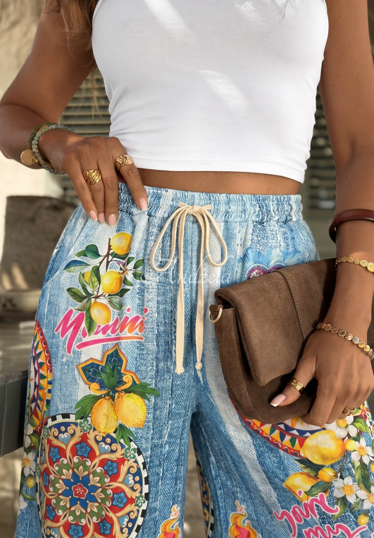 Látkové nohavice wide leg so vzormi Youre My Favourite modré