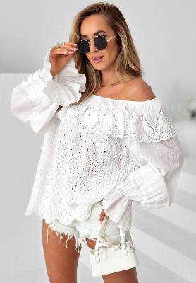 Ažúrová bavlnená blúzka španielka boho Summer Seaside Biela