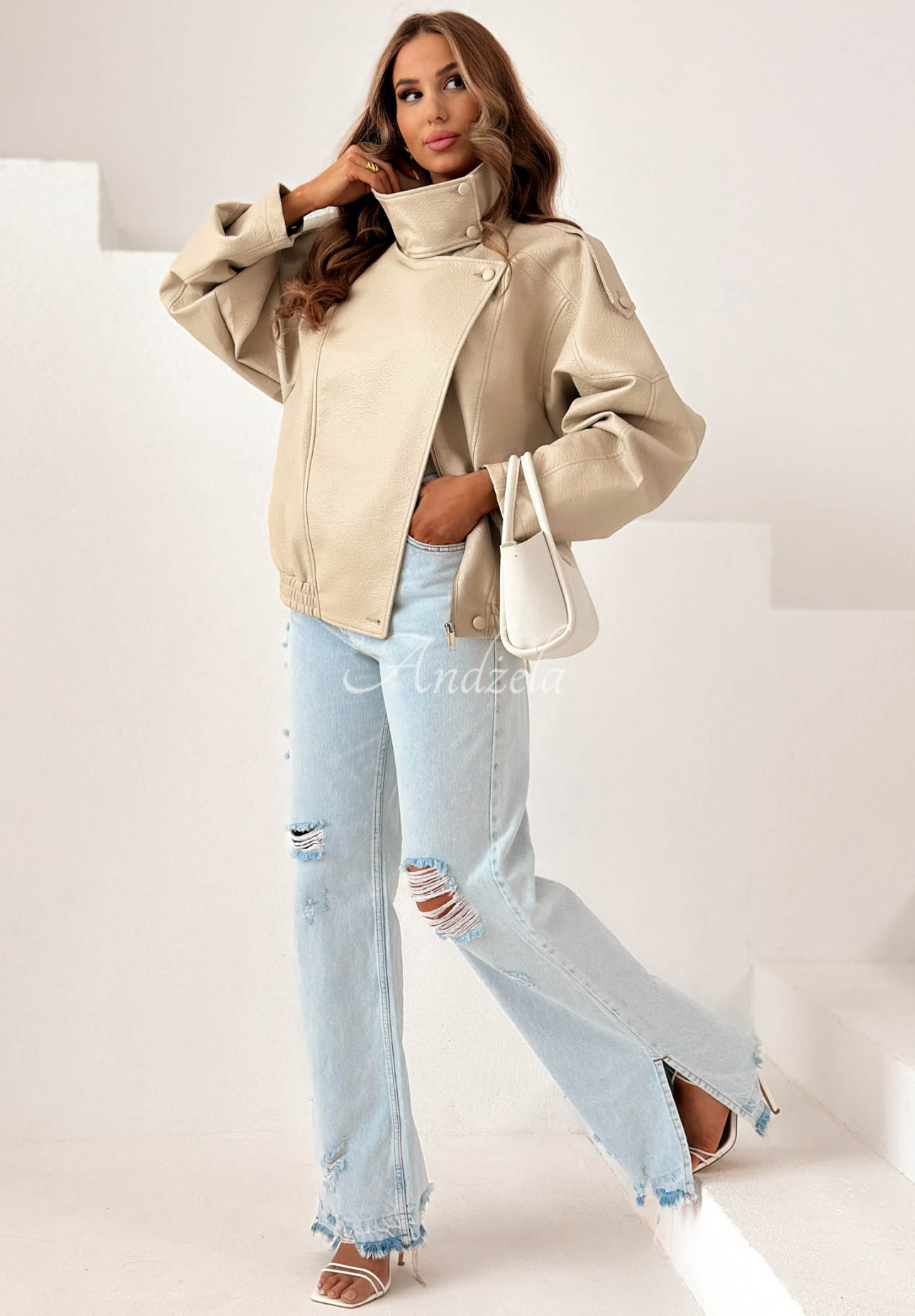 Kožená bunda s lemom Amber Mood béžová