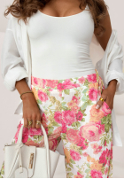 Lniane Nohavice wide leg w kwiaty Warm Touch różowo-zelené