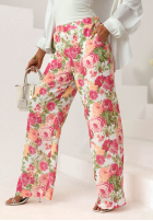 Lniane Nohavice wide leg w kwiaty Warm Touch różowo-zelené