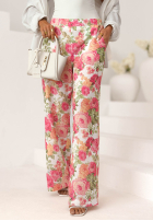 Lniane Nohavice wide leg w kwiaty Warm Touch różowo-zelené