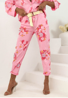 Kwieciste Nohavice mom fit z paskiem Olive béžové