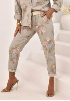 Kwieciste Nohavice mom fit z paskiem Olive béžové