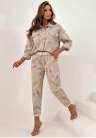 Kwieciste Nohavice mom fit z paskiem Olive béžové