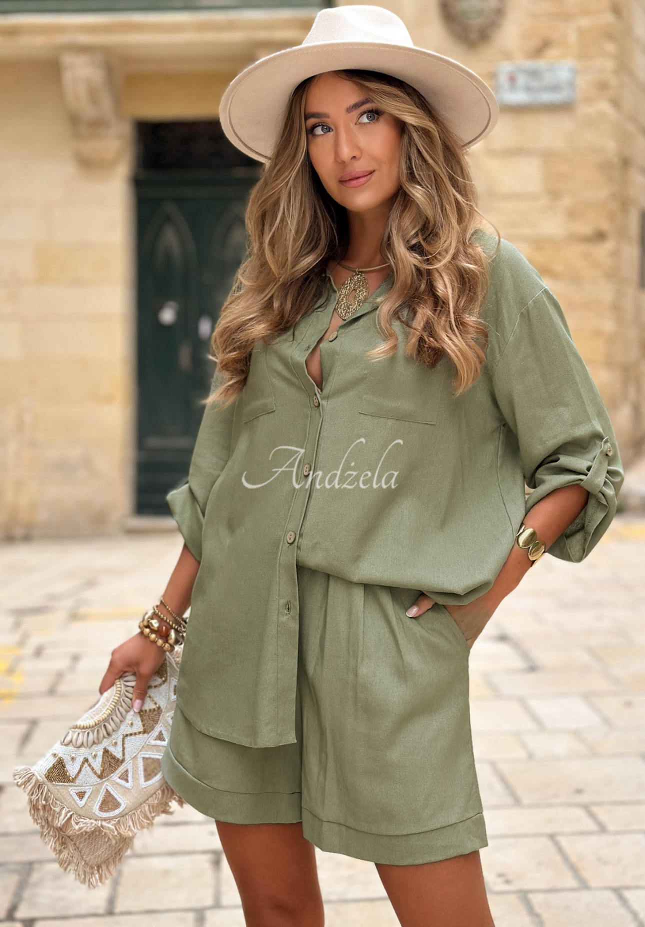 Ľanová súprava košeľa a šortky City Safari khaki