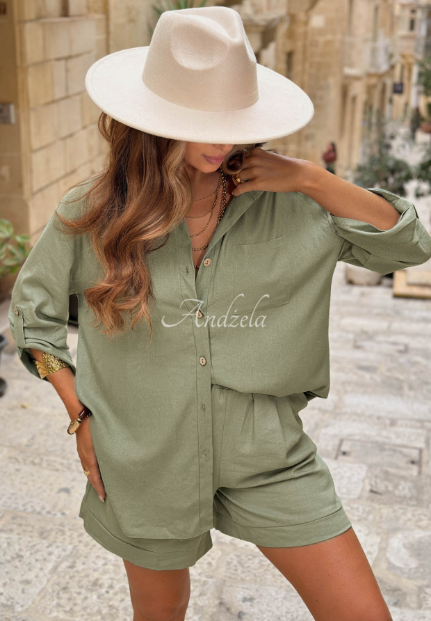 Ľanov&aacute; s&uacute;prava ko&scaron;eľa a &scaron;ortky City Safari khaki